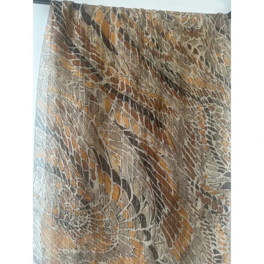 Vintage Brown Amber Abstract Print Sheer Scarf Silver Metallic Stripe Shimmer
